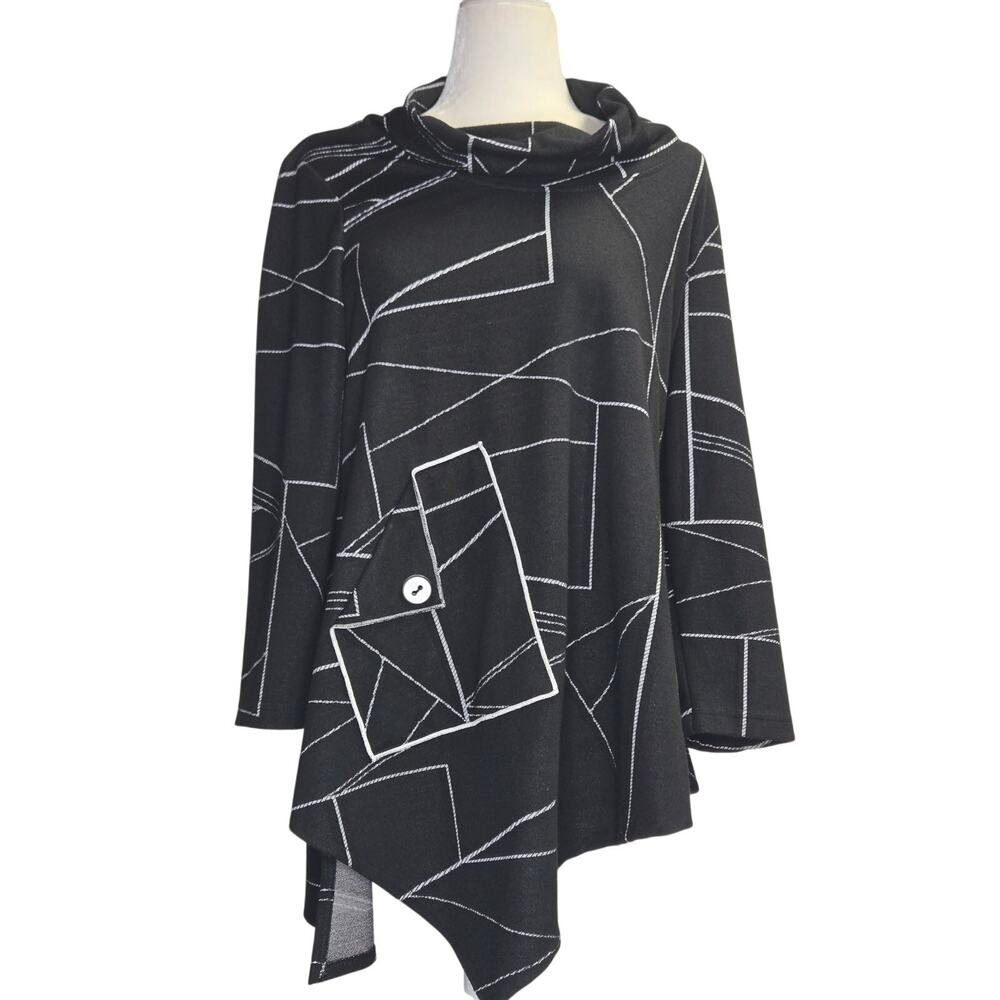 Yushi Women's Black Asymmetrical Cowl Neck Tunic  Size Medium